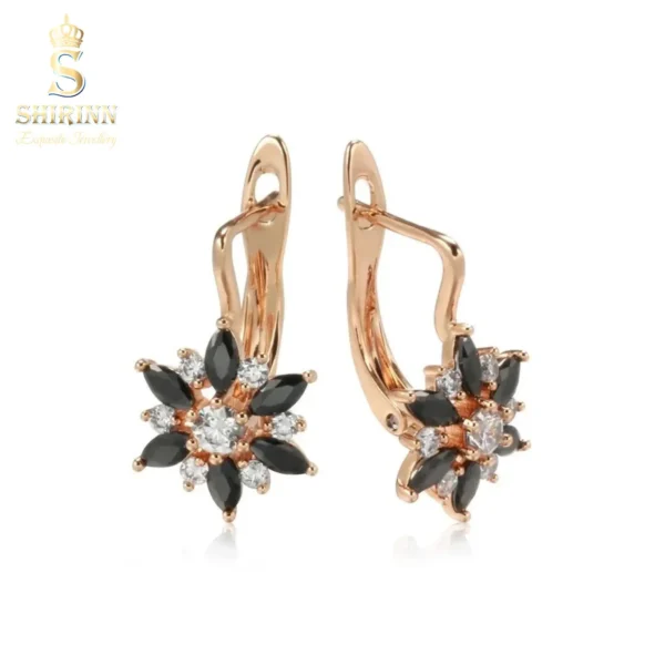 Rose Gold Plated Open Black Flowers Drop Earrings