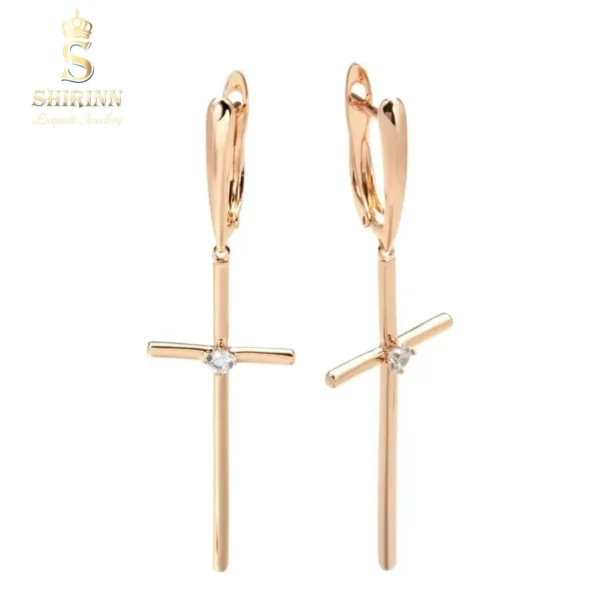 14k Rose Gold Plated Long Drop Delicate Cross Earrings