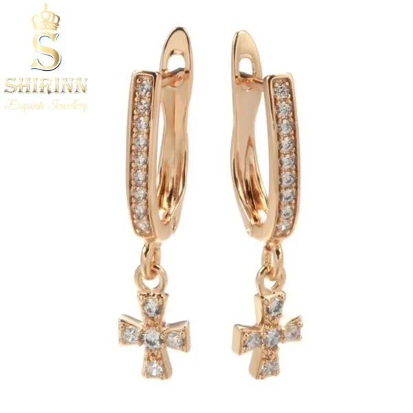 14k Rose Gold Plated Delicate Cross Drop Earrings 