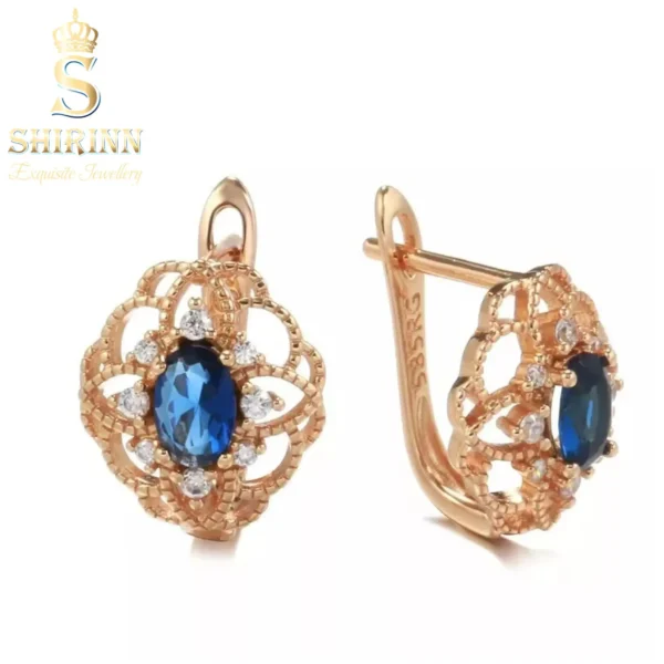 14k Rose Gold Plated Blue Blooming Flower Drop Earrings