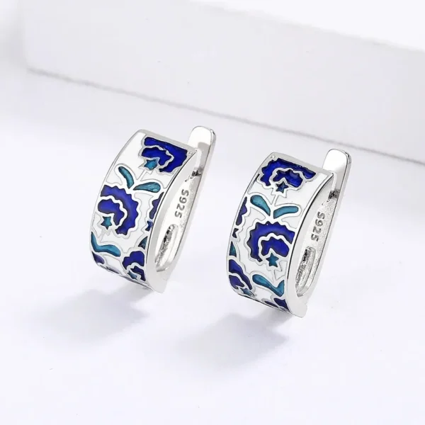 Silver SUMMER Colourful Blue Flowers Handpainted Earrings 