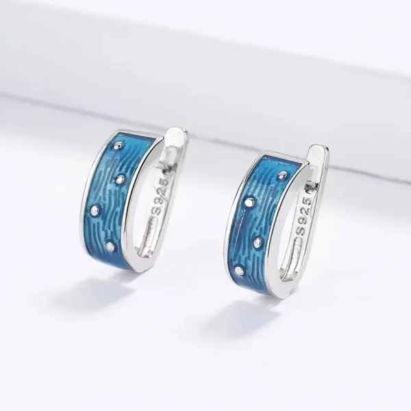 Silver SUMMER Blue Waves Handpainted Earrings 