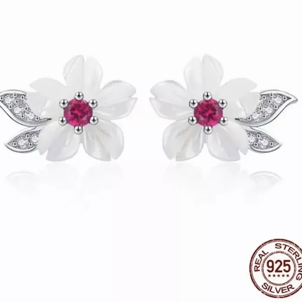 Platinum Plated 925 Sterling Silver Earrings Shell Flower